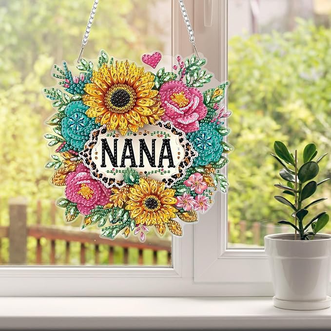 HEIBAGO Mother's Day Diamond Art Hanging Kits for Adults, Diamond Art Suncatchers Nana, 5D Special Shape Diamond Painting Pendant, DIY Window Ornament Gifts for Home Garden Door Wall Decor 8.3x8.3 in