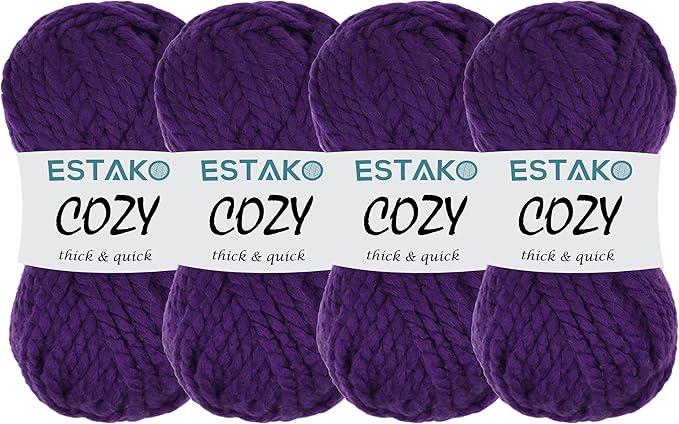 Estako Cozy Thick & Quick Yarn (4 Skeins Pack) 20% Wool 80% Acrylic Soft Super Bulky Weight #6 Knitting and Crocheting Yarn (4 x 3.52 Oz) / (4 x 65 Yrds) (50662-Purple)
