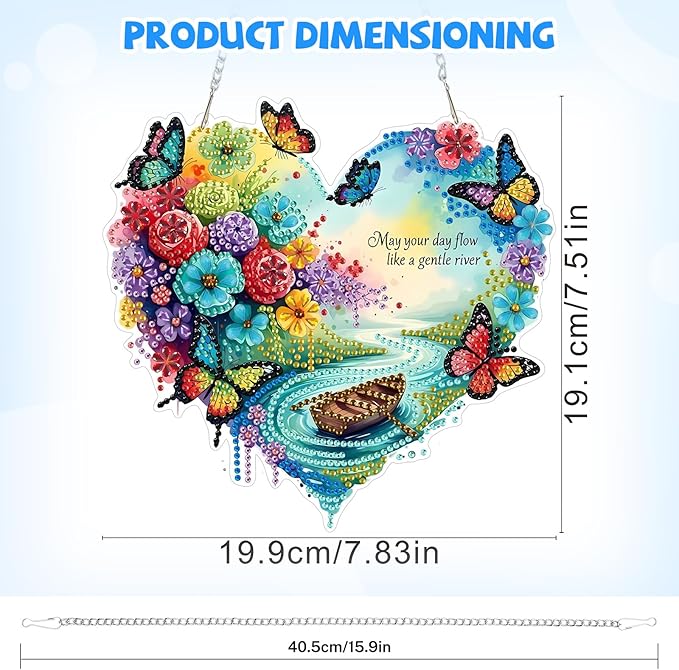 Bowetile Heart-Shaped Flower Diamond Art Hanging Kits for Adults, Diamond Art Suncatchers Butterfly, 5D Special Shape Diamond Painting Pendant Window Ornament Gifts for Home Wall Garden Decor