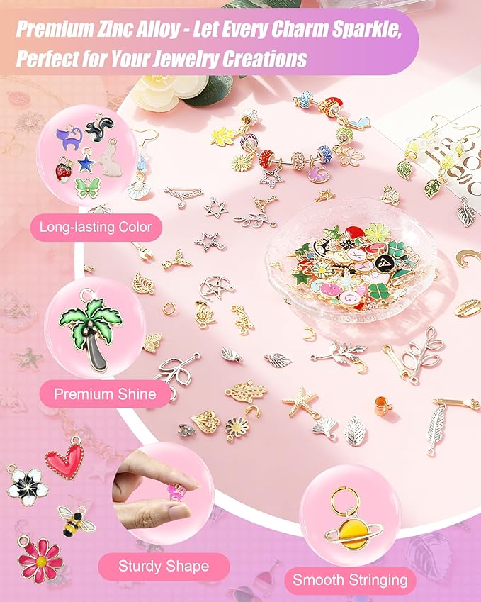 FIVEIZERO 216PCS Bracelet Charms for Jewelry Making – Assorted Gold & Silver Metal Enamel Pendants with Jump Rings for Necklaces, Earrings, & DIY Jewelry Crafts(Red)