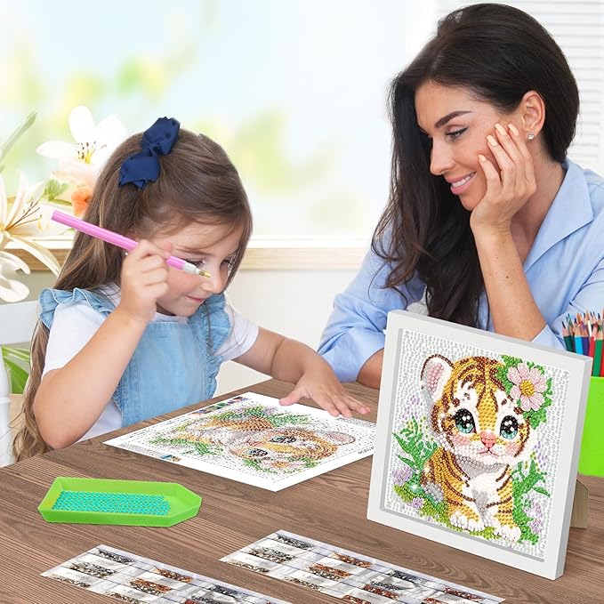SENQAO Tiger Diamond Art Kit for Adults with Frame Art and Crafts for Adults Ages 6-8 -10-12 Easy to DIY Diamond Art for Adults and Adult Beginners Home Wall Decoration 7.1x7.1inch