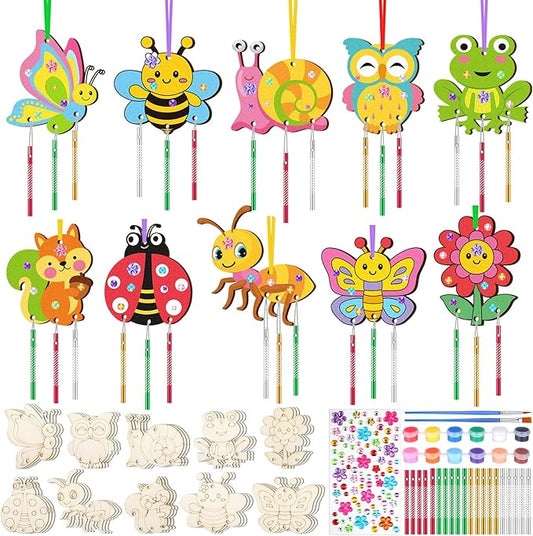 JellyArch 30 Pcs Spring Wind Chime Making Kit, DIY Wooden Spring Insect Craft Wind Chimes with Paint & Stickers, Craft Activity Creative for Church Party Windows Decoration