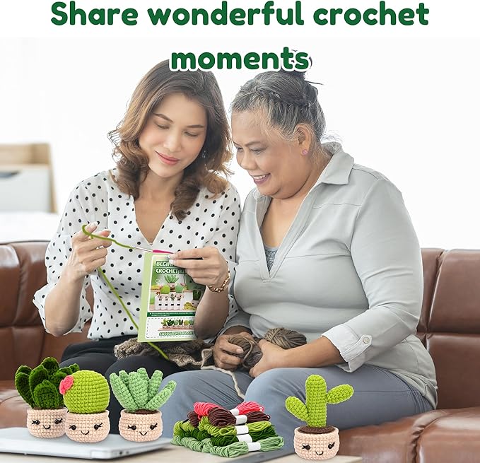 Karsspor Crochet Kit for Beginners, Complete Knitting Kit with Step-by-Step Instructions and Video Tutorials, Crocheting Set- 4 PCS Succulents, DIY Knitting Gift for Adults - Beginner-Crochet Lovers