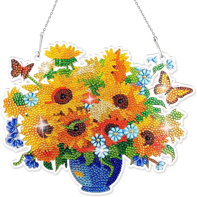 LINFANG Diamond Art Hanging Kit for Adult, Diamond Painting Ornament Kit, Special Shaped Rhinestone,DIY Acrylic 5D Art Window Pendants Home Garden Wall Hanging Kits,Double Sided (Sunflower)