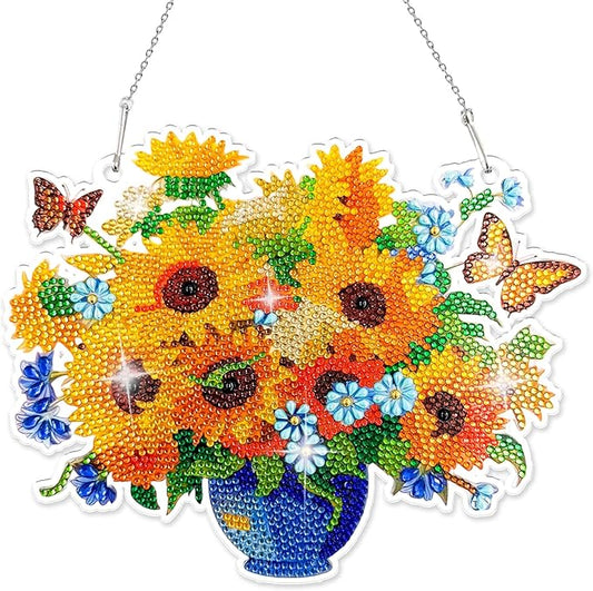 LINFANG Diamond Art Hanging Kit for Adult, Diamond Painting Ornament Kit, Special Shaped Rhinestone,DIY Acrylic 5D Art Window Pendants Home Garden Wall Hanging Kits,Double Sided (Sunflower)