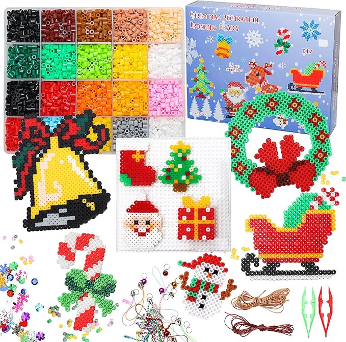 LULUETPUE Christmas Fuse Beads Kit, 7000PC 5MM Melty Beads Set, Iron Melting Bead Craft Kit with Pegboards,Ironing Paper, Arts and Crafts Set for Boys Girls Xmas Birthday