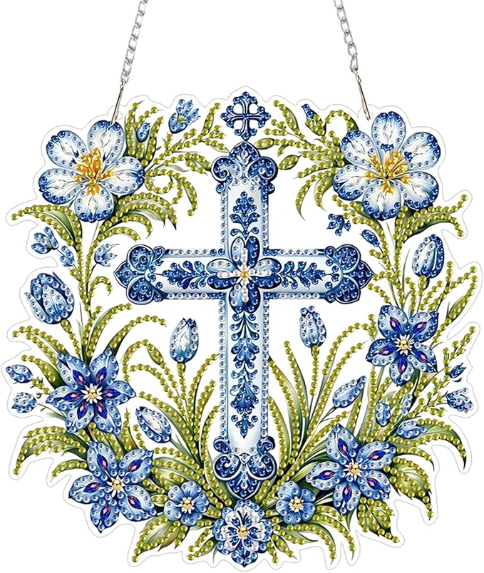 ZeeLionArt Hanging Diamonds Art kit for Adult,Cross Flowers Pendant Diamonds Painting Art Kit,7.5x7.6inch Acrylic Diamonds Painting Board Kit Ornament, Special Crystal Diamond Hanging Ornament