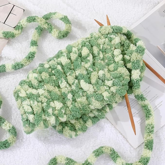 HOMBYS Chunky Tie Dye Mix Chenille Yarn for Hand Knitting, Super Bulky Jumbo Yarn for Crocheting, 3/4" Thick Soft Plush Yarn for Blankets, 8 Skein Pack (26 yds / 7.5 oz Each) Green