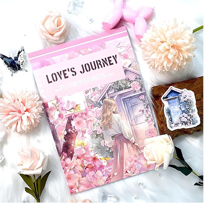 Love's Journey Scrapbook Stickers, Precut Journal Stickers Book for Junk Journaling, PET and Paper Materials, Seasons Landscape Girl People Stickers for Scrapbooking Supplies, A5