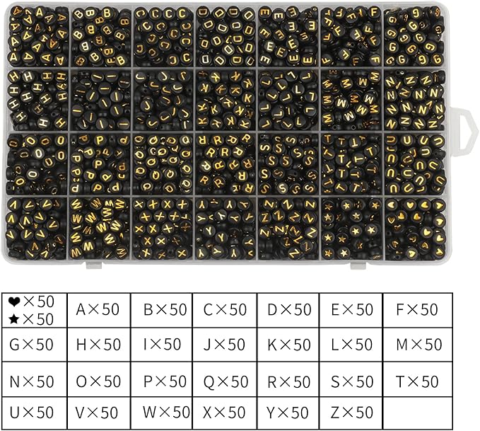 Song Xi 1400pcs Round Acrylic A-Z Alphabet Beads - Gold & Black Letter Beads for Bracelet Making, 28 Grid Box