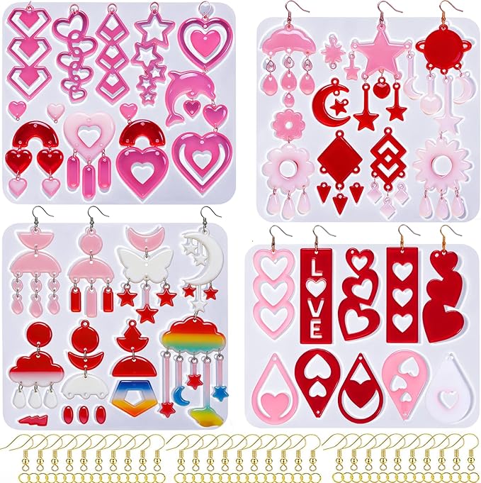 4 Pack Heart Resin Earring Mold Love Heart Star Shape Earring Silicone Molds for Mother's Day UV Casting Epoxy Silicone Molds Jewelry Earring Making Kit with 200 Earring Hook for DIY Crafts Keychains