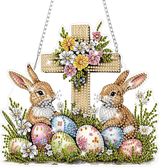 NAIMOER Easter Cross Diamond Art Hanging Kits for Adults, 5D Special Shaped Rhinestone, DIY Acrylic Spring Diamond Art Painting Window Pendants Home Garden Wall Hanging Ornament Kits, Double Sided