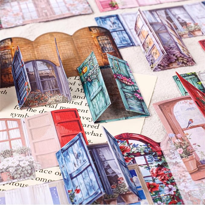 60 PCS Vintage Paper Window Scrapbook Stickers, Aesthetic Decorative Sticker for Scrapbooking Supplies Junk Journal Card Making Handmade DIY Paper Craft Decoration, Journaling Collage Kit Pop-up