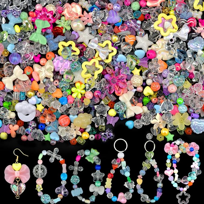 ABONDEVER 245-300Pcs Assorted Acrylic Beads for Bracelets Making Cute Star Bow Flower Candy Heart Gummy Bear Butterfly Beads for DIY Jewelry Crafts Keychain Necklace Phone Charms(Candy)