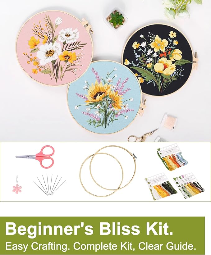 Santune 3 Pack Flower Embroidery Kit for Beginners Adults Cross Stitch Needlepoint Kits Hand Craft with Plant Patterns,3 Instructions,1 Hoop,Threads and 6 Needles