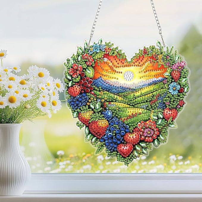 Diamond Art Kit for Adult, Heart-shaped Landscape, Diamond Art Painting Double Sided Window Pendants for Home Garden Wall Hanging, DIY Special Shaped Gem Hanging Ornaments, Colorful Fantasy Landscape