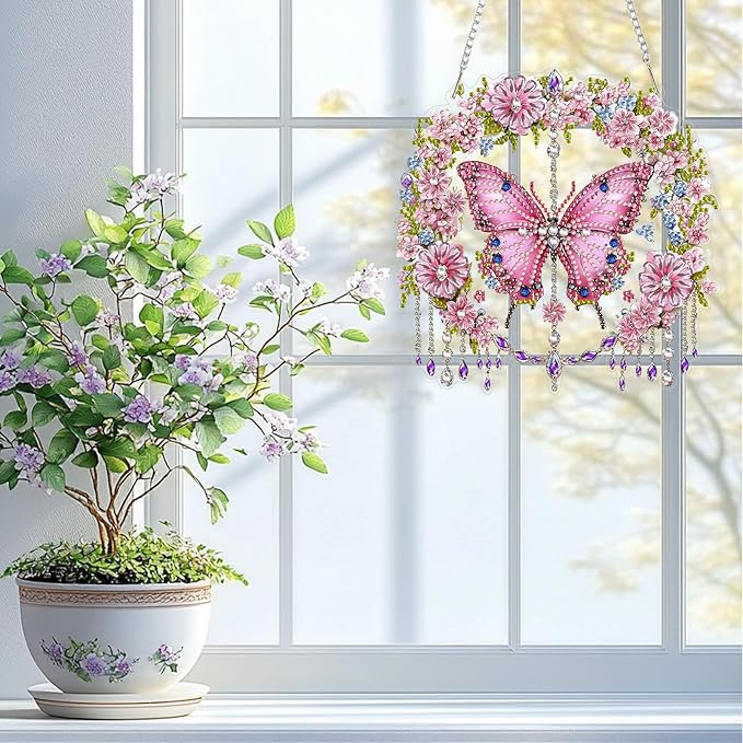 QENSPE Diamond Art Hanging Kits for Adults, 5D Pink Butterfly Special Shape Diamond Paingting Ornaments Kits with Chain, DIY Crystal Window Pendants for Home Garden Wall Decor Double Sided 8X8 inch