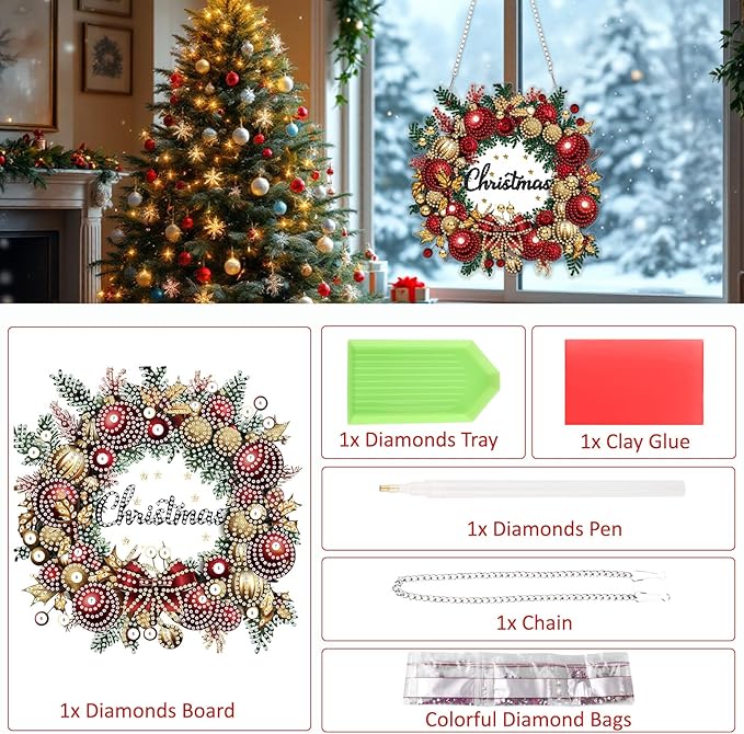 SENQAO Christmas Wreath Diamond Art Hanging Kits for Adults Beginners, DIY Acrylic 5D Special Shaped Crystal Diamond Gem Art Painting Hanging Ornament for Home Wall Decor and Gift