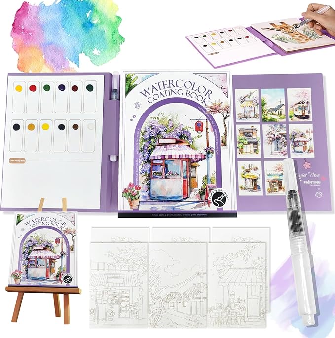 2026 New Creative Stress Relief Kit Watercolor Painting Book,3-Fold Water Color Pad,Mini Watercolor Workbook Travel Set for Beginners and Enthusiasts (Street Scene)
