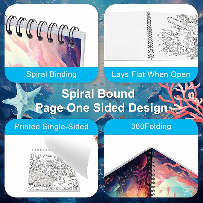 Ocean Coloring Book for Adult Spiral Bound, Adult Coloring Books for Women Relaxation, 30 Pages Thick Paper One Sided Design, Mindfulness Coloring Book, Anxiety Relief Mindfulness Gifts
