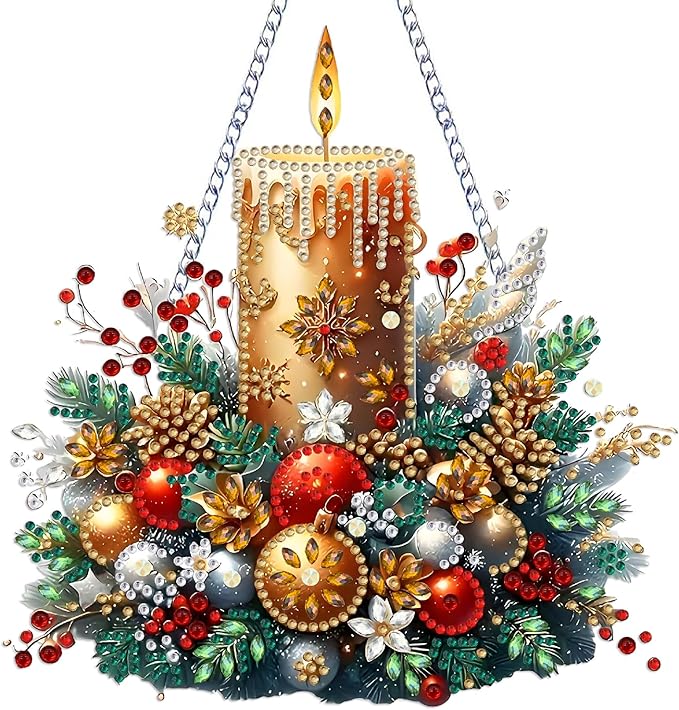 STGLCR Candle Christmas Diamond Art Hanging Kits for Adults, Christmas Candles Diamond Art Suncatchers, 5D Special Shape Diamond Painting Pendant Window Ornament Gifts for Home Door Wall Decor