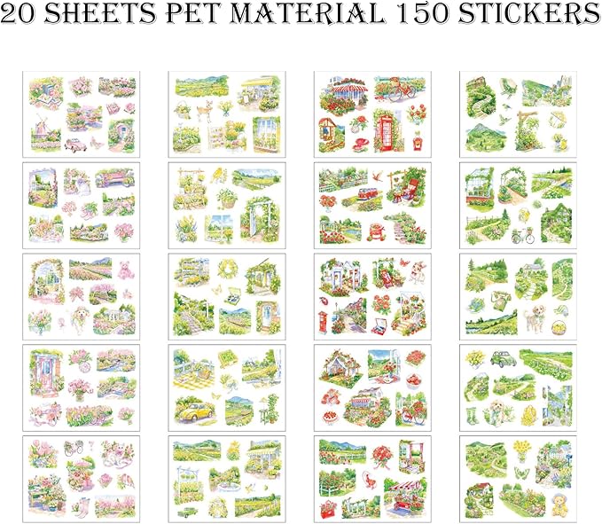 Spring Garden Stickers 20 Sheets 150 Pre-Cut PET Journal Sticker Book for Scrapbooking Landscape Stickers Transparent Sticker for journaling