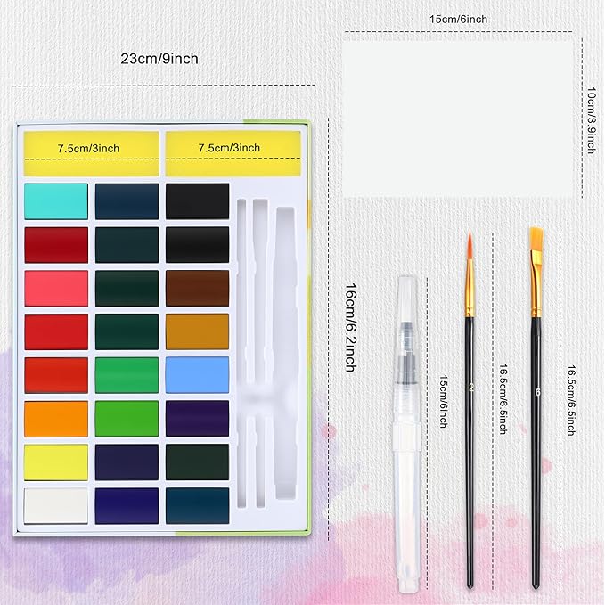 24 Colors Large Block Watercolor Paint Set for Watercolors Workbook, Portable Water Colors Paint Kit with 2 Paintbrushes 1 Waterbrush, for Adult Painting Beginners & Professional Amateur Hobbyists (Classic 24 Colors)
