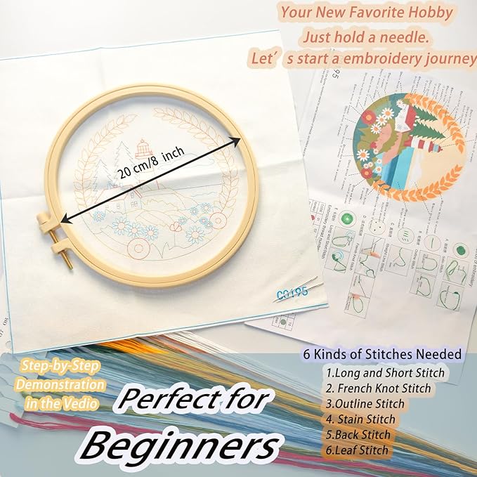 FONNUY Embroidery Kit for Beginners, Lighthouse Landscape Flowers Pre-Stamped Pattern Kits for Adults with Hoop, Easy to Follow Color Thread Needlework, 8'' Hoop (Daisy)