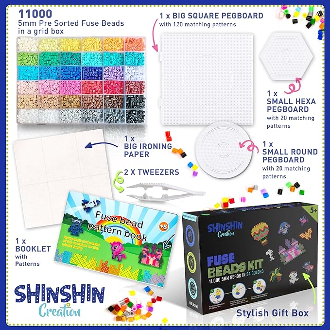 xl fuse beads kit, melty beads melting for kids crafts | iron for kids kit - fuse pegboards, pearler hama compatible - 11000pcs 5mm