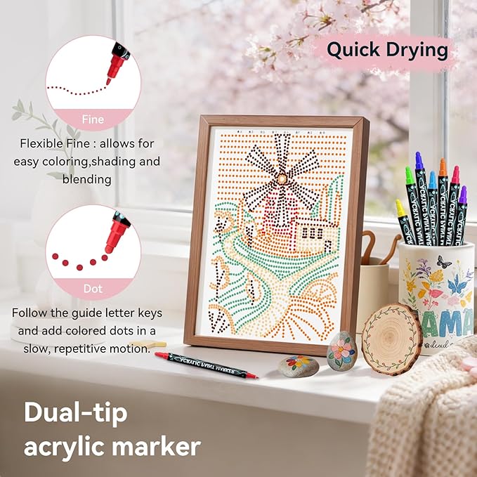 Coloring Book,Village Dot Art Meditations with 12 PCS Acrylic Markers,Mindfulness Adult Coloring Book-Relaxing,Anti-Stress,30 Patterns Coloring Books for Adults,Dot Art for Adults-Country Scenery