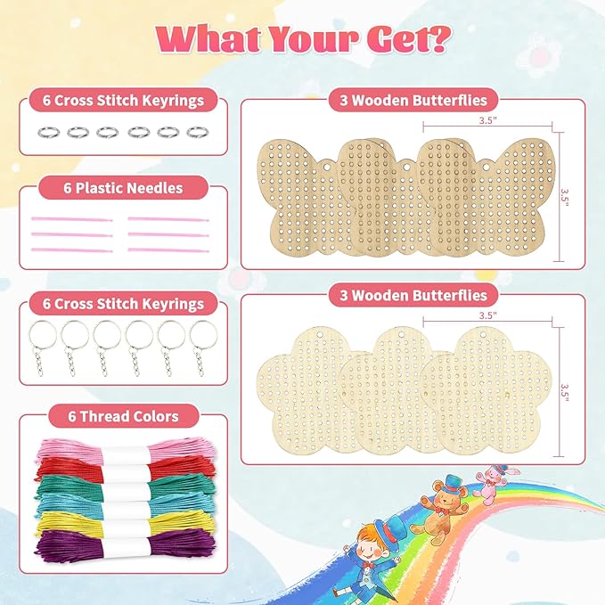 VKPI Wooden Cross Stitch Kits for Kids, Make Your Own 6 Cross Stitching Keyrings, Wood Sewing Kit, Arts & Crafts Butterfly, Flower Ornaments, Embroidery Kit for Beginners, Girls, 6-13
