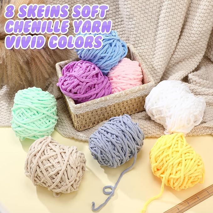 Buryeah 8 Pack Chunky Chenille Yarn for Crocheting Soft Thick Fluffy Yarn for Hand Knitting Bulky Velvet Blanket Plush for Weaving DIY Crafts Each 3.5 oz 55 Yards (Vivid Colors)