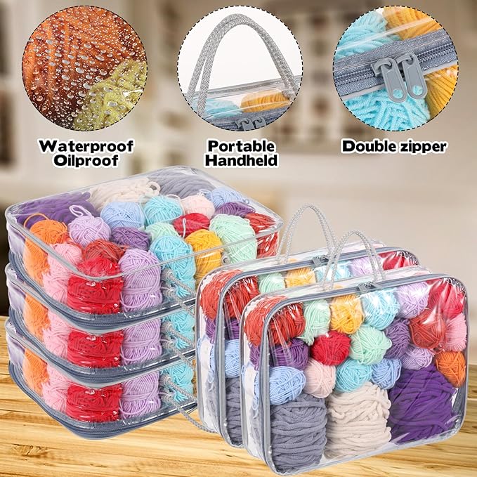 5 Pack Clear Yarn Storage Bags, 12x16x4 Inches Yarn Storage Organizer Tote Bag for Knitting Needles Crochet Hooks Yarn Balls Yarn and Unfinished Project, Grey