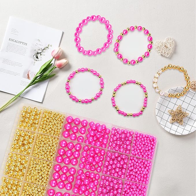 2116 PCS Pearl Beads for Bracelet Making Kit Gold Beads for Jewelry Making Kit Gold Small Spacer Bead Hot Pink Pearl Bead for Crafting Charms Necklace Earrings DIY Craft for Women Adult