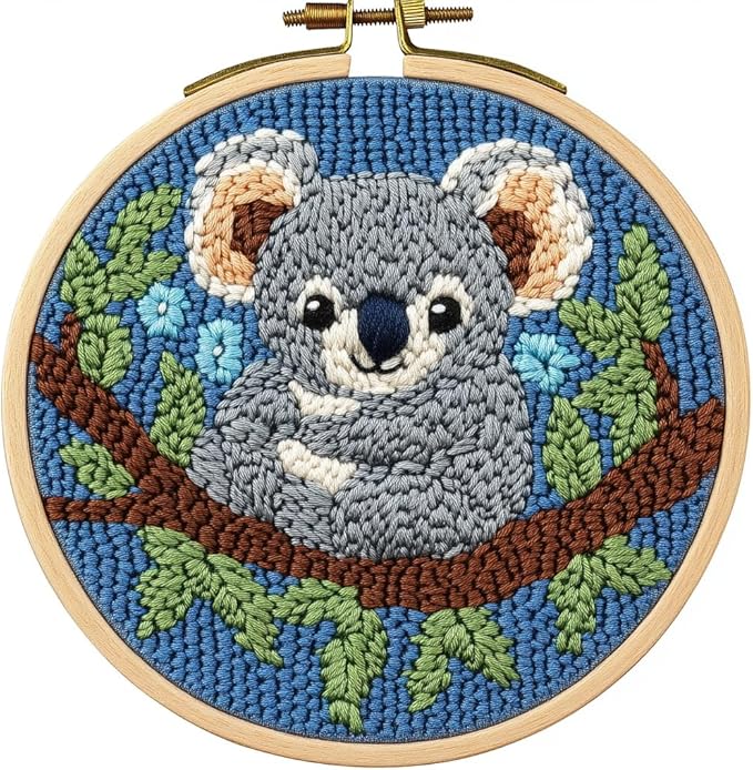 DIY Punch Needle Kits for Beginners Cute Cartoon Koala Portrait with Hoop Embroidery Punch Needle Starter Craft Set Easy for Adults and Children Festival Gift and Decoration 20x20cm-3
