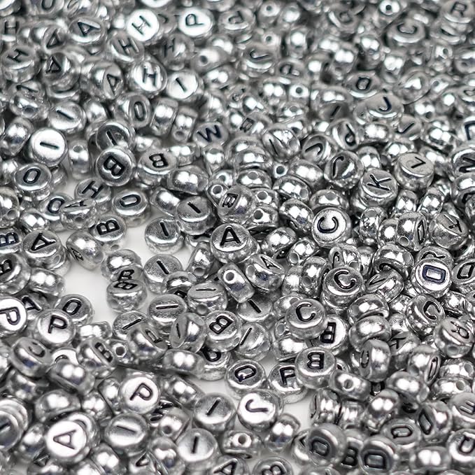Melius Acrylic Silver Letter Beads, 1450 Pcs 4x7mm Round Alphabet Beads in 28 Grid Box for Jewelry Making, DIY Bracelets, Necklaces, Key Chains, Bracelets