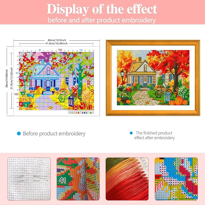 Zhenqing Autumn Maple Forest Cabin Printed Cross Stitch Kit - 11CT 38x48cm with Threads, Needle & Pattern, No Hoop Needed for Beginners(65843)