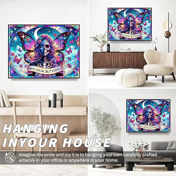 igoodom Diamond Art Kits for Adults, Sugar Skull Diamond Painting Kit, Full Drill Round Butterfly Diamond Art Kits, DIY Gem Art and Crafts for Home Wall Decor Gift 16x12inch
