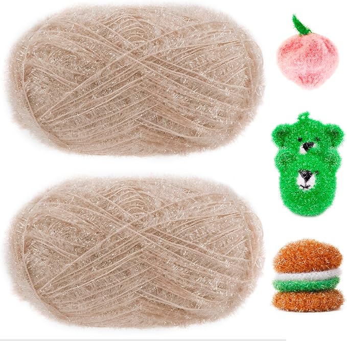 JeogYong Scrubby Yarn 2 Skeins (2 x 100g, 2 x 218yd) Scrubby Sparkle Yarn, Fluffy Polyester Scrubbie Crochet String for Crocheting Knitting Dishcloths Washcloths DIY Projects