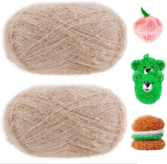 JeogYong Scrubby Yarn 2 Skeins (2 x 100g, 2 x 218yd) Scrubby Sparkle Yarn, Fluffy Polyester Scrubbie Crochet String for Crocheting Knitting Dishcloths Washcloths DIY Projects