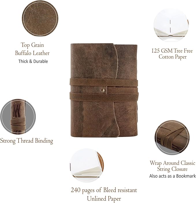 KomalC Leather Journal Notebook, Genuine Leather Journal for Men & Women Handmade Writing Travel Notebook, 240 Unlined Pages Vintage Notepad Gift: Rustic Brown (7"x5")