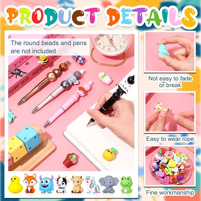 40 Pcs 3D Silicone Focal Beads Pens Beads Bulk for Beadable Keychain DIY Crafts Necklace Bracelet Phone Chain Charms Jewelry Making (Various)