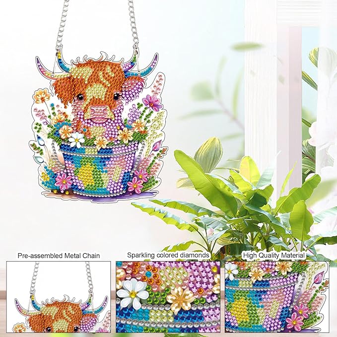 AiYuanzsh Animal Cow Diamond Painting Pendant Kit, 5D DIY Acrylic Diamond Art Hanging Ornament with Flower Pot and Floral Design, Special Shaped Rhinestone Pendant Craft, Wall Decor Gift for Adults