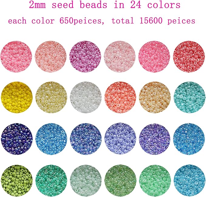 About 15600pcs 2mm 12/0 Glass Seed Beads 24 Colors Loose Beads Kit Bracelet Beads with 24-Grid Plastic Storage Box for Jewelry Making