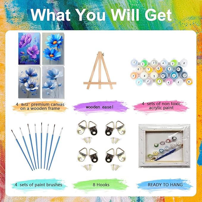 4 Pack Paint by Numbers for Adults with Framed Canvas - with Wooden Easel, Easy Flower Paint by Number for Beginners, Flowers Acrylic Oil Painting on Canvas with Brushes for Home Wall Decor 8x12 inch