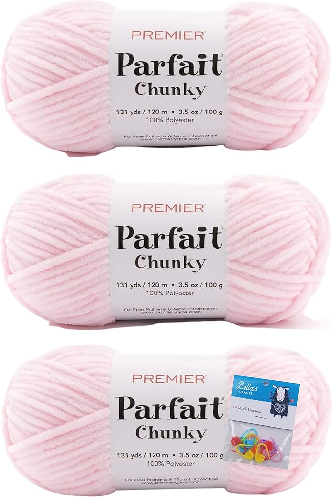 Premier Yarns Parfait Chunky Chenille Yarn 3.5 Oz 6 Super Bulky Weight 3 Pack Bundle with Bella's Stitch Place Holders (Cotton Candy)