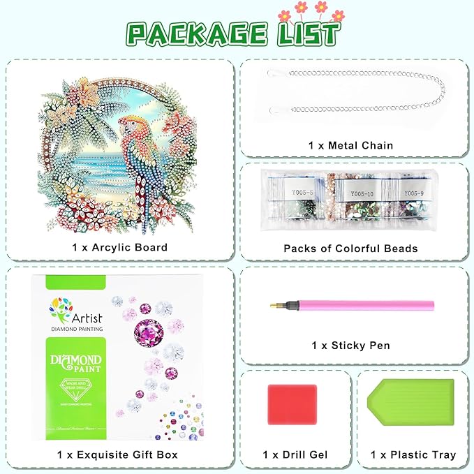 KEYIFA Parrot Diamond Painting Kit, DIY Beach Diamond Art for Adults, Diamonds Pendant Special Shaped Rhinestone Window Hanging Ornaments Home Garden Wall Door Decoration, 20cm Width