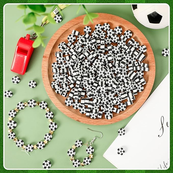 Augshy 300Pcs Soccer Clay Beads,Soccer Flat Polymer Clay Beads Charms Sports Beads for Bracelets Jewelry Making Necklaces Earrings and Crafts Supplies