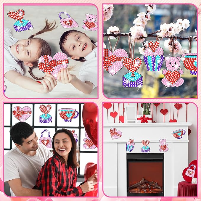 Qyeahkj 6 Pcs Valentine's Day Arts Crafts DIY Heart Bear Gem Diamond Suncatcher Crafts for Kids Valentines Diamond Painting Gifts Exchange for Kids Aged 4 6 8 10 12 for Home School Party Decor