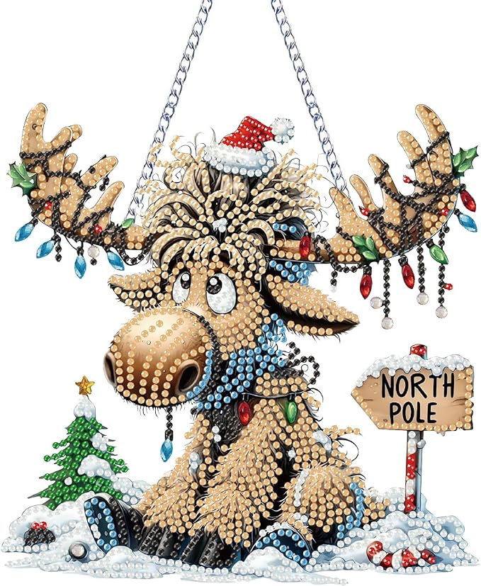 NEGEKFKX Christmas Diamond Art Hanging Pendant Kits, Deer Special Shape Diamond Art Kits for Adults,Double Sided Hanging Acrylic Ornament Kit,Pendants Home Garden Wall Hanging Kits Hanging Ornament